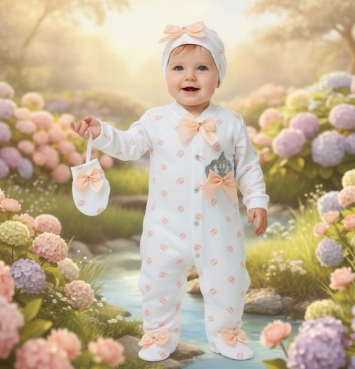 Baby Girls Diamante Crown All in One Bow Baby Grow with Hat & Mittens (3-9M)