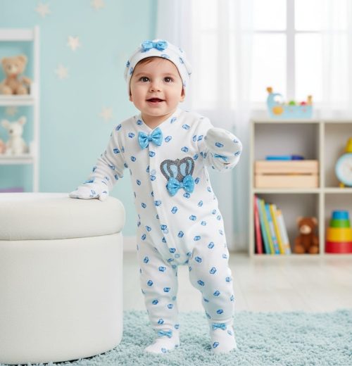 Baby Boys Diamante Crown All in One Bow Baby Grow with Hat & Mittens (3-9M)