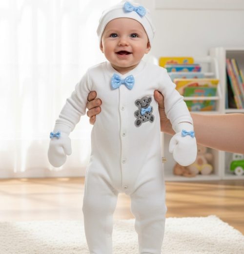 Baby Boys Diamante Teddy All in One Baby Grow with Hat & Mittens (3-9M)