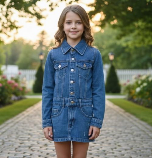 Girls Double Pocket Metallic Buttoned Denim Dress (7-13Y)