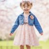 denim jkt dress Girls Floral Embossed Layered Net Dress & Diamante Denim Jacket Set (2-5Y)