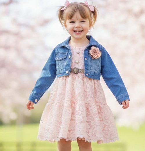 Girls Floral Embossed Layered Net Dress & Diamante Denim Jacket Set (2-5Y)