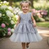 flower dress grey Girls Elegant Glitter Embroidered Flower Layered Party Dress (2-12Y)