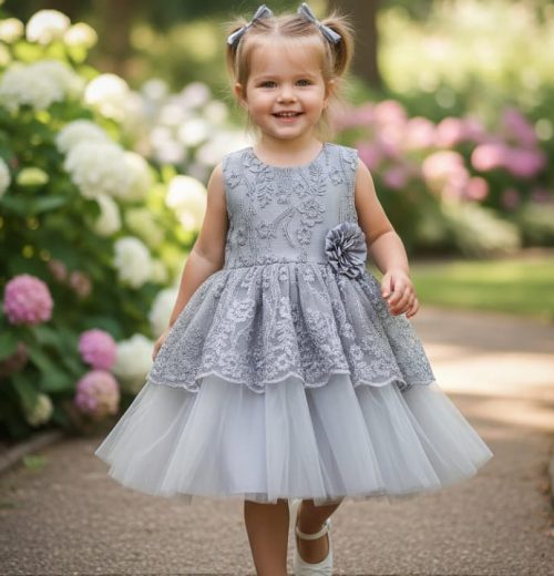 Girls Elegant Glitter Embroidered Flower Layered Party Dress (2-12Y)