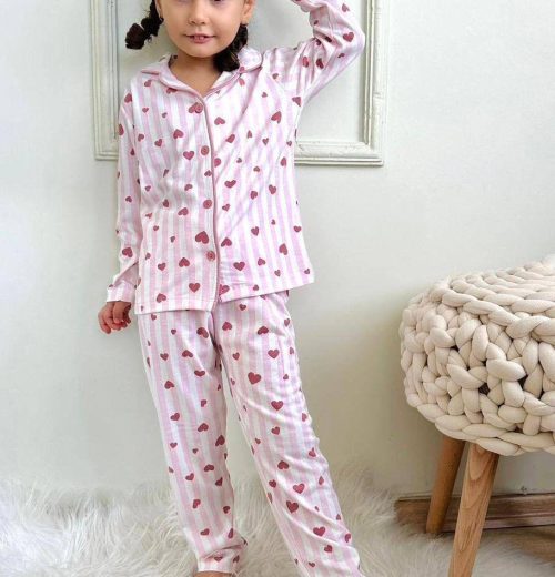 Girls Striped Heart Print Buttoned Pyjamas (4-12Y)