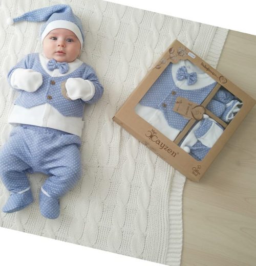 Baby Boys Five Piece Polka Dot Teddy Embossed Boxed Gift Set