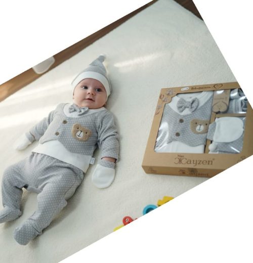 Baby Boys Five Piece Polka Dot Teddy Embossed Boxed Gift Set