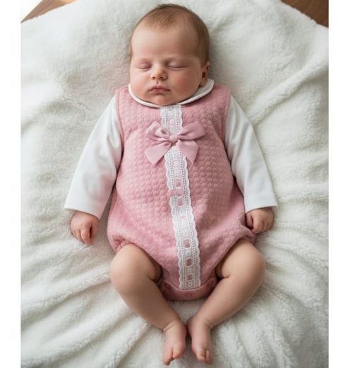 Baby Girls Two Piece Romper Set with Lace and Bow (0-6M)