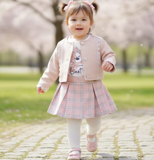 Girls Four Piece Diamante Teddy Tartan Skirt Set with Tights (2-5Y)