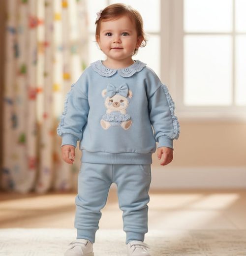 Baby Girls Two Piece Teddy Frilly Trim Lounge Wear Set (9-24M)