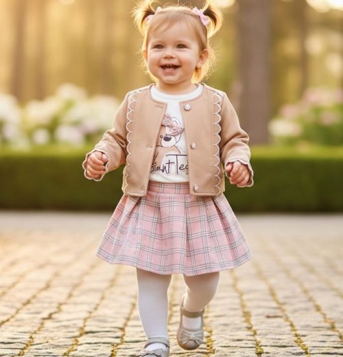 Girls Four Piece Diamante Teddy Tartan Skirt Set with Tights (2-5Y)