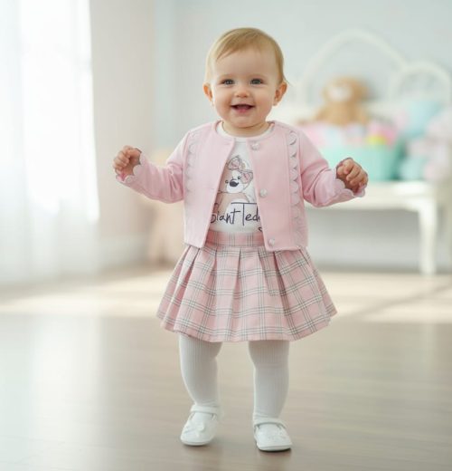 Girls Four Piece Diamante Teddy Tartan Skirt Set with Tights (2-5Y)