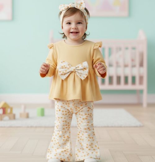 Baby Girls Floral Print Bow Top & Floral Leggings Set with Headband (9M-3Y)