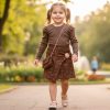 brown dress Girls Full Sleeve Frilly Sleeve Embossed Dress with Purse (4-14Y)