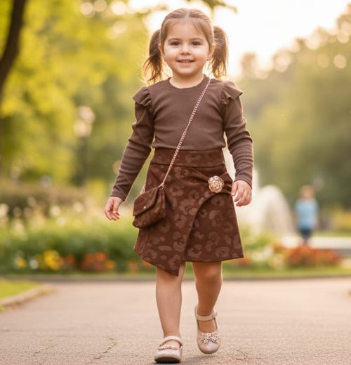 Girls Full Sleeve Frilly Sleeve Embossed Dress with Purse (4-14Y)