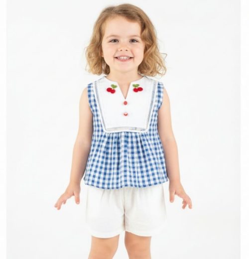Girls Two Piece Check Cherry Embroidered Top & Shorts Set (1-4Y)