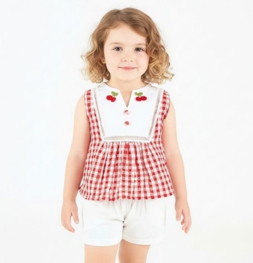 Girls Two Piece Check Cherry Embroidered Top & Shorts Set (1-4Y)