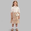 5809 beige Girls Floral Print Buttoned Spanish Belt Cotton Dress with Purse (5-8Y)