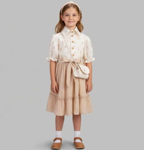 Girls Floral Print Buttoned Spanish Belt Cotton Dress with Purse (5-8Y)