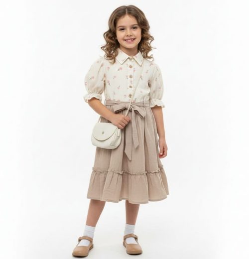 Girls Floral Print Buttoned Spanish Belt Cotton Dress with Purse (5-8Y)