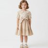 5832 beige Girls Floral Print Layered Spanish Belt Cotton Dress (2-5Y)