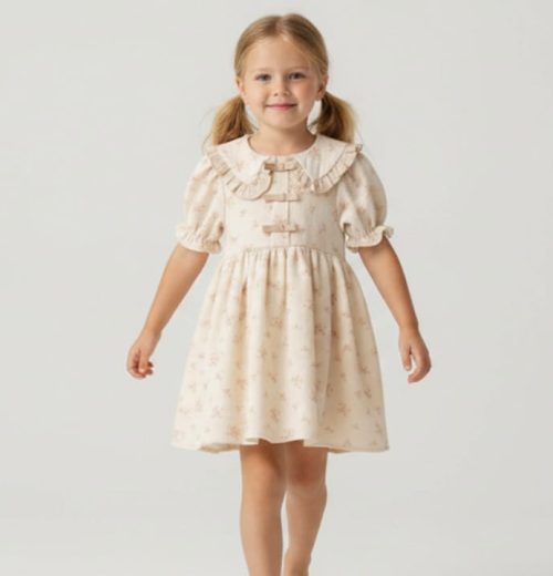 Girls Floral Print Frilly Collar Double Bow Cotton Dress (5-8Y)