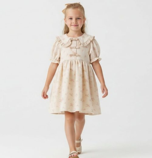 Girls Floral Print Frilly Collar Double Bow Cotton Dress (5-8Y)