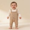 7021 beige dark Baby Boys Two Piece "LITTLE EXPLORER" Embroidered Dungarees Set (9-24M)