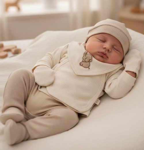 Baby Boys Five Piece Elephant Embossed Outfit with Bib, Hat & Mittens (0-3M)