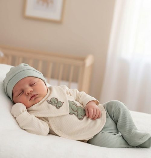 Baby Boys Five Piece Elephant Embossed Outfit with Bib, Hat & Mittens (0-3M)