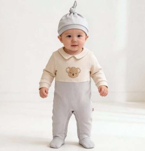 Baby Boys All in One Teddy Embossed Romper with Hat (3-9M)