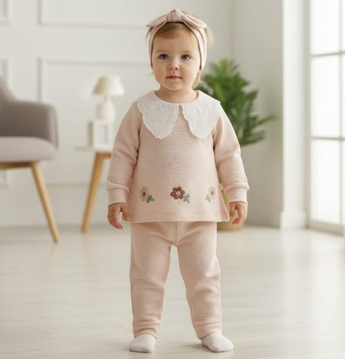 Baby Girls Two Piece Flower Embroidered Lace Collar Outfit with Headband (9-24M)