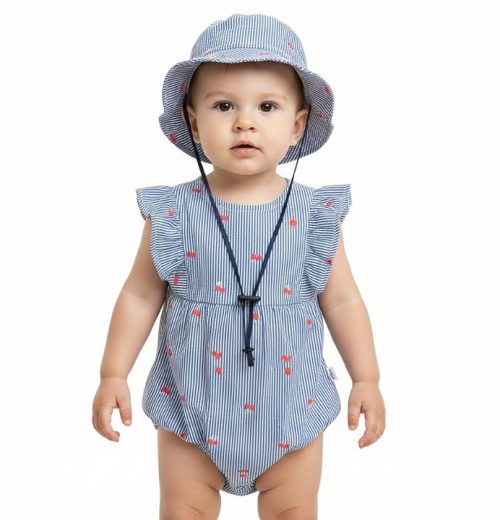 Baby Girls Heart Print Stripe Cherry Romper with Hat (6-24M)