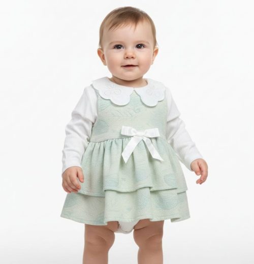 Baby Girls Two Piece Jacquard Layered Embossed Dress Set (3-12M)
