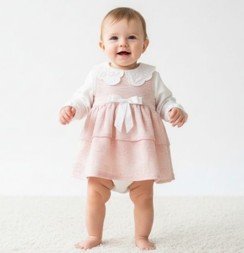 Baby Girls Two Piece Jacquard Layered Embossed Dress Set (3-12M)