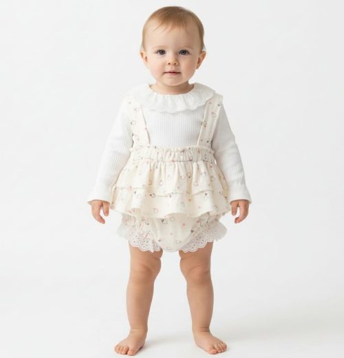 Baby Girls Two Piece Heart Print Frilly Collar Top & Dress (3-12M)