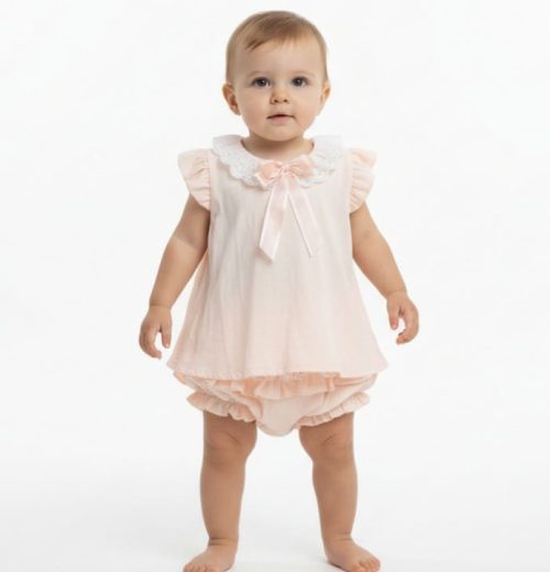 Baby Girls Two Piece Anglaise Collar Bow Dress & Panties Set (9-24M)