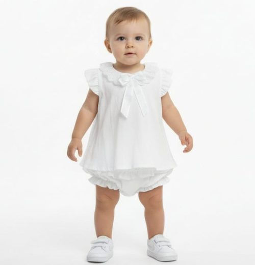 Baby Girls Two Piece Anglaise Collar Bow Dress & Panties Set (9-24M)