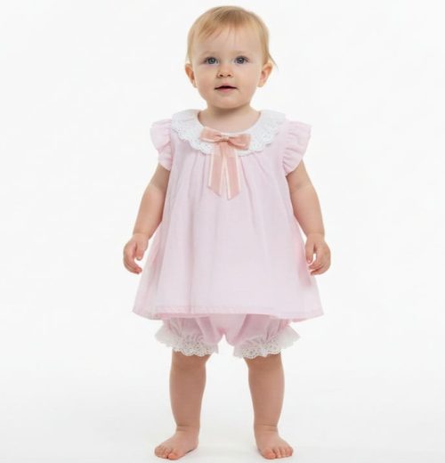 Baby Girls Two Piece Anglaise Collar Bow Dress & Panties Set (9-24M)