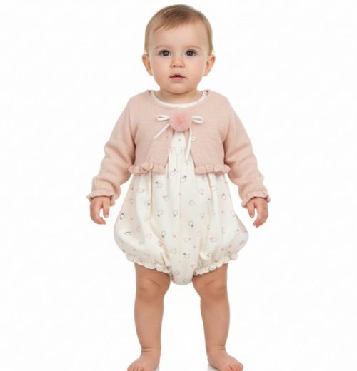 Baby Girls Two Piece Heart Print Romper & Cardigan Set (3-12M)