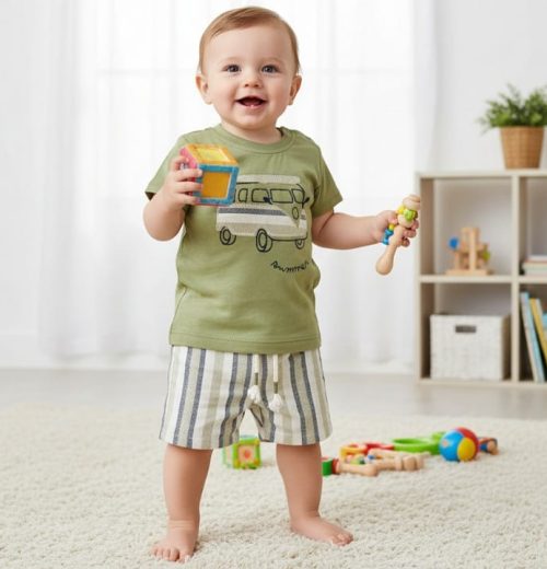 Baby Boys Two Piece Caravan T-Shirt & Stripe Shorts Set (6-24M)
