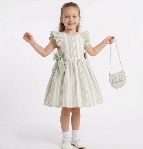 Girls Stripe Frilly Sleeve Double Bow Cotton Dress with Purse (2-5Y)