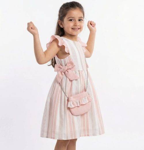 Girls Stripe Frilly Sleeve Double Bow Cotton Dress with Purse (2-5Y)
