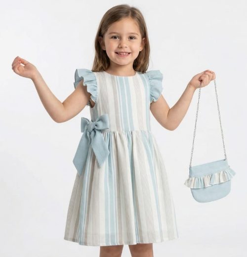 Girls Stripe Frilly Sleeve Double Bow Cotton Dress with Purse (2-5Y)