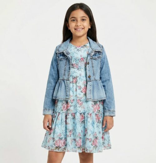 Girls Layered Floral Print Chiffon Dress with Denim Jacket (6-9Y)
