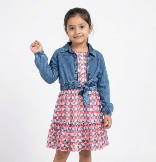 Girls Layered Aztec Print Chiffon Dress with Denim Jacket (2-5Y)