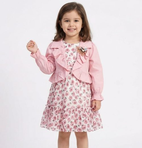Girls Layered Floral Print Chiffon Dress with Frilly Jacket (2-5Y)
