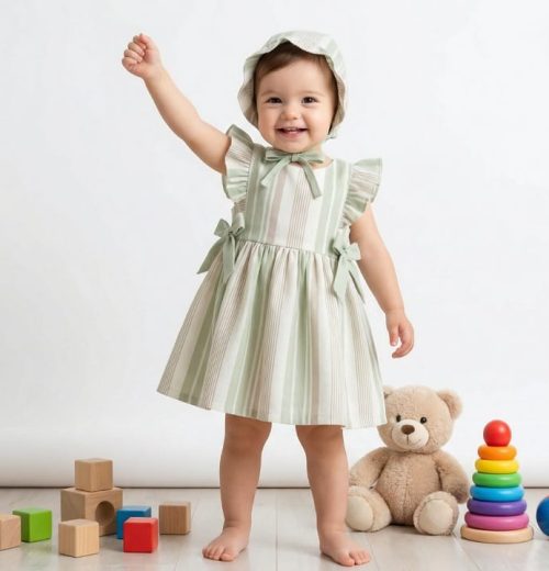 Baby Girls Stripe Frilly Sleeve Double Bow Cotton Dress with Hat (6-18M)