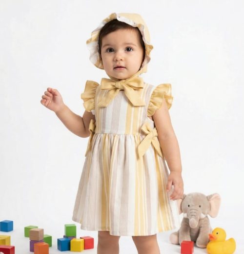 Baby Girls Stripe Frilly Sleeve Double Bow Cotton Dress with Hat (6-18M)