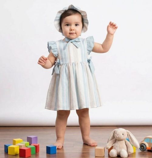 Baby Girls Stripe Frilly Sleeve Double Bow Cotton Dress with Hat (6-18M)